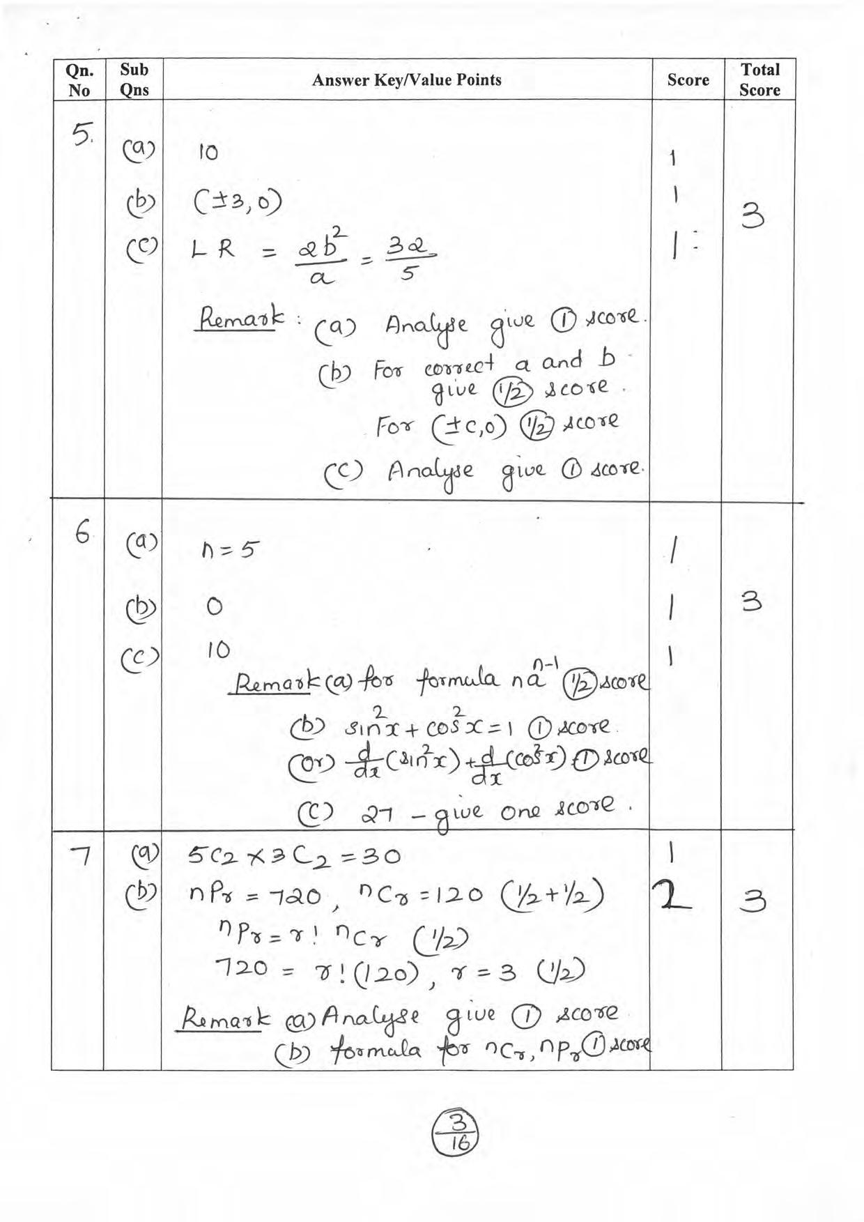 Kerala Plus One 2019 MATHS (SCIENCE). Answer Key - Page 3