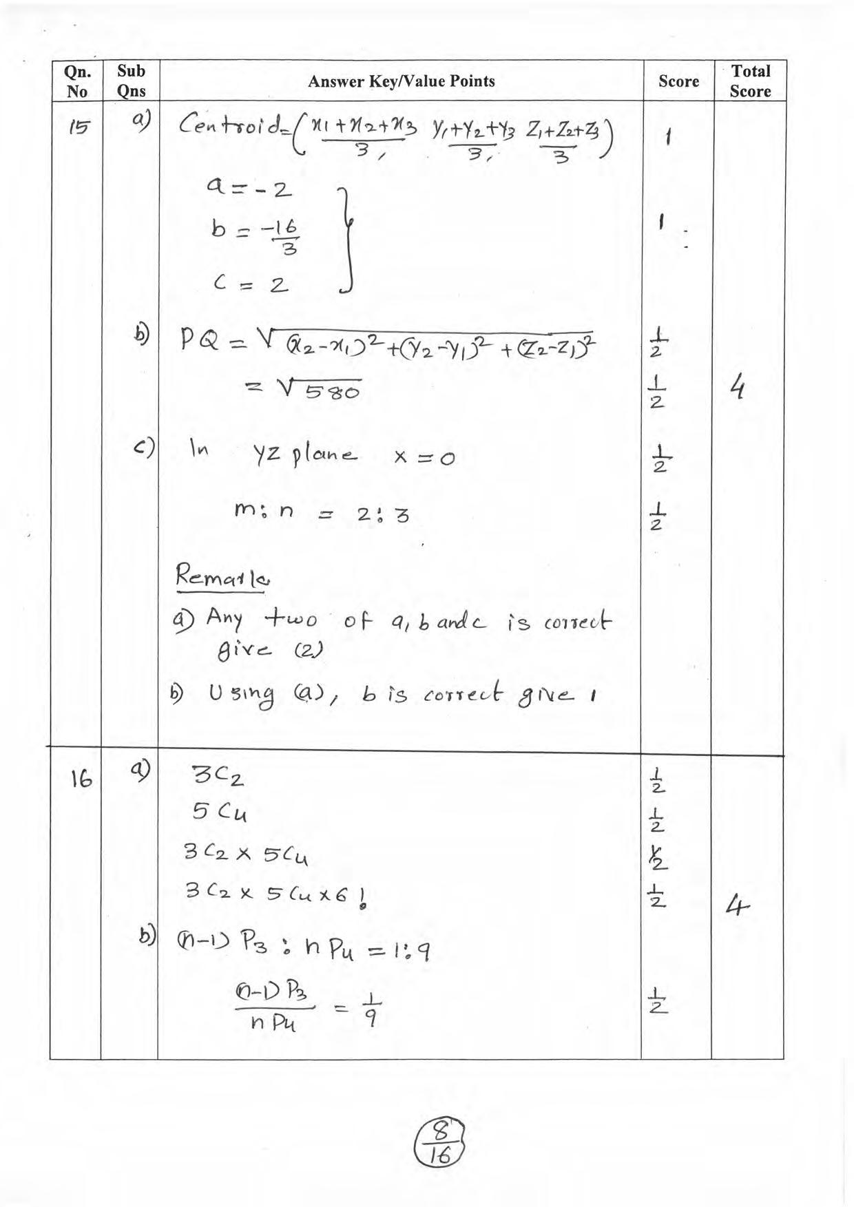 Kerala Plus One 2019 MATHS (SCIENCE). Answer Key - Page 8