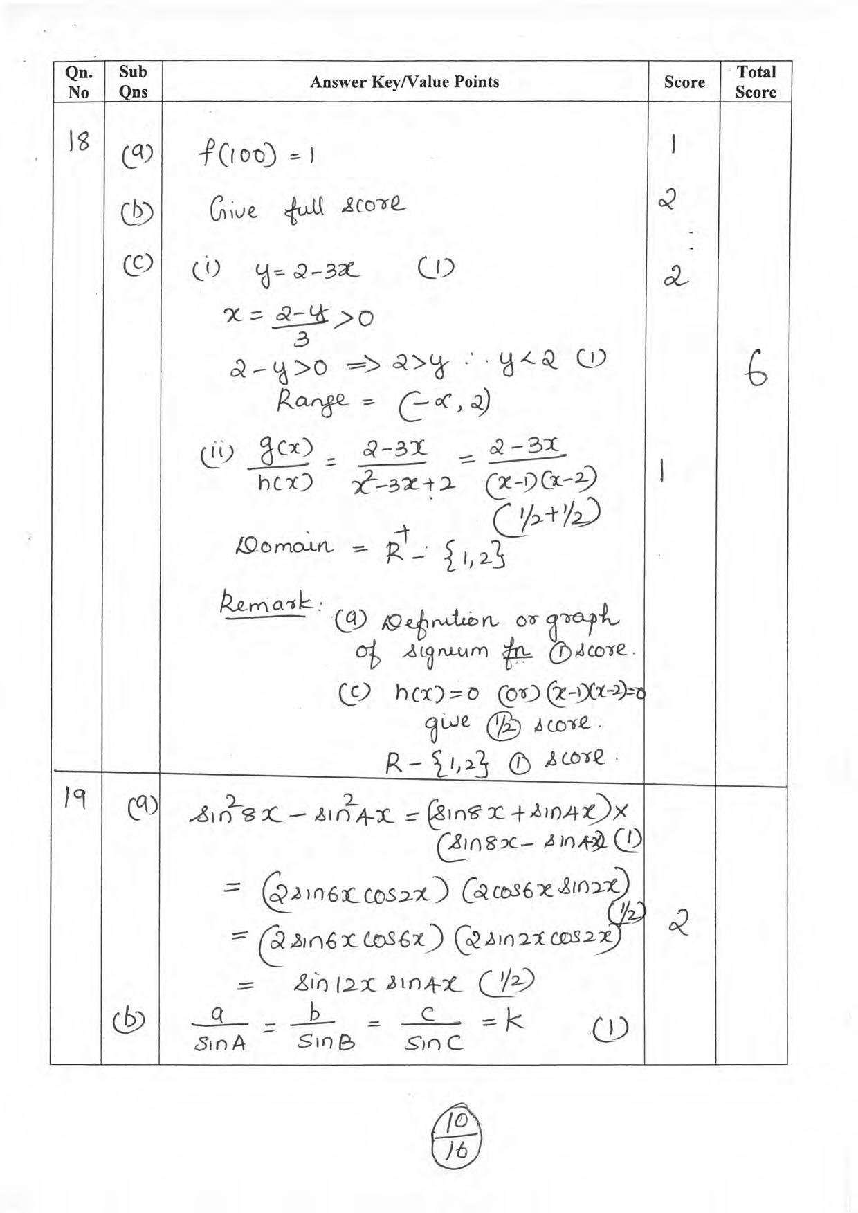 Kerala Plus One 2019 MATHS (SCIENCE). Answer Key - Page 10
