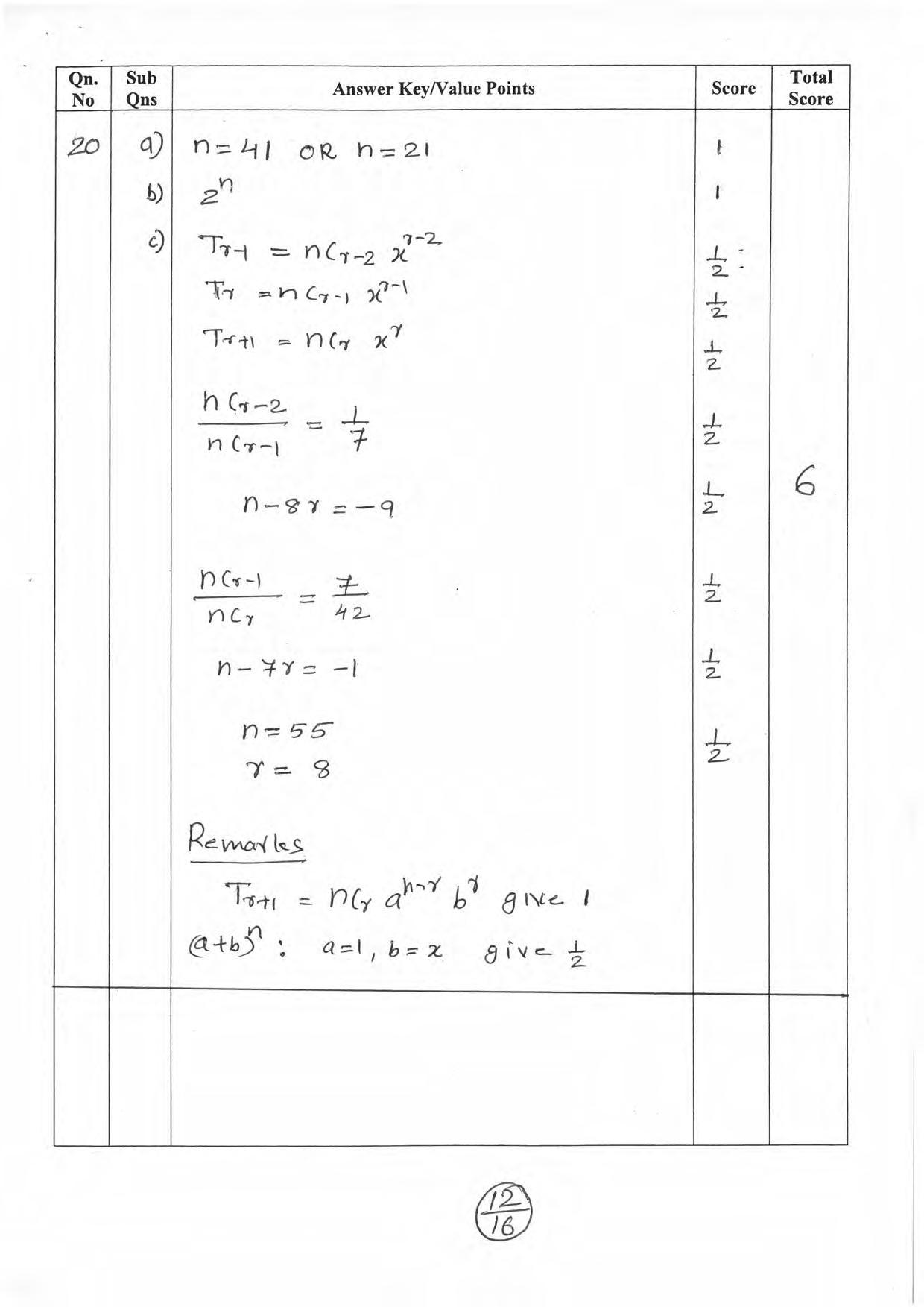 Kerala Plus One 2019 MATHS (SCIENCE). Answer Key - Page 12