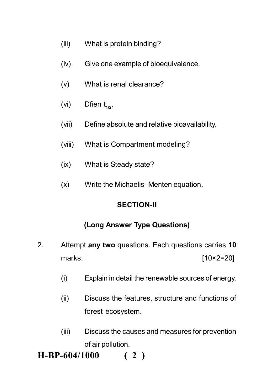 Sarguja University Question Paper July-2022 : Bachelor Of Pharmacy(Sem.-VI) Bio-Pharmaceutics And Pharmacokinetics Paper 1 - Page 2