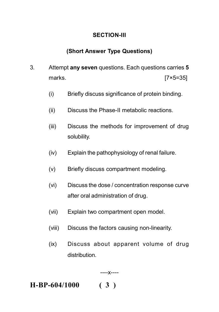 Sarguja University Question Paper July-2022 : Bachelor Of Pharmacy(Sem.-VI) Bio-Pharmaceutics And Pharmacokinetics Paper 1 - Page 3