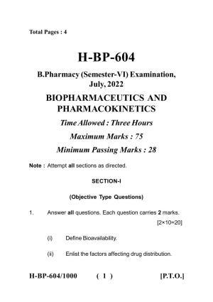 Sarguja University Question Paper July-2022 :   Bachelor Of Pharmacy(Sem.-VI) Bio-Pharmaceutics And Pharmacokinetics Paper 1