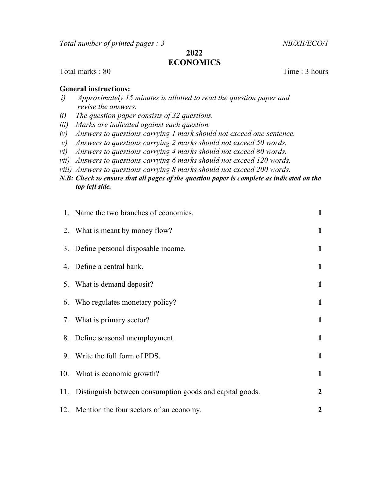 Nagaland Board Class 12 Economics 2022 Question Paper - Page 1