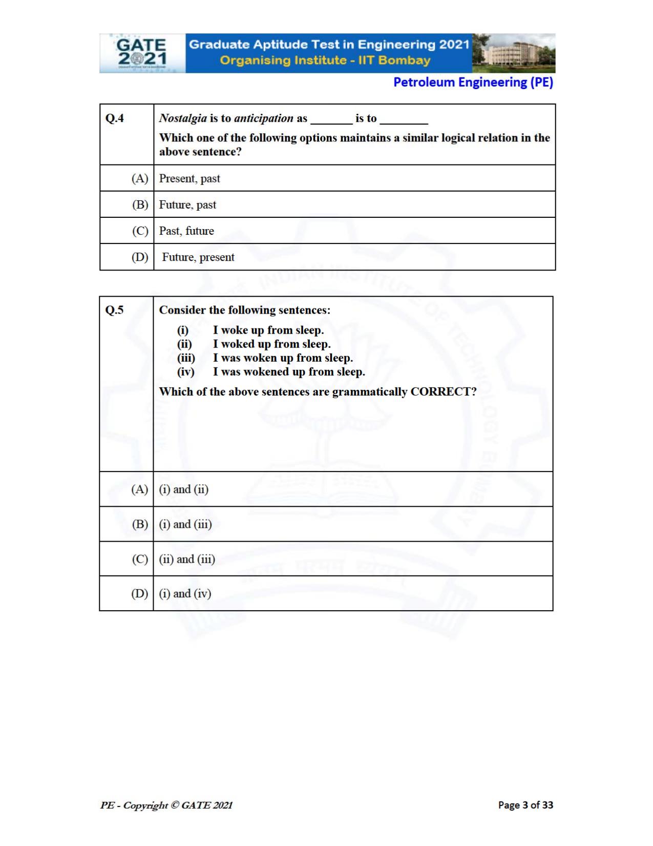 GATE 2021 Petroleum Engineering (PE) Question Paper - Page 3