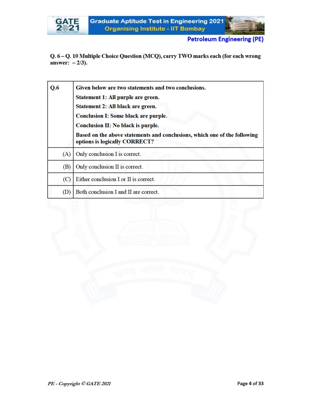 GATE 2021 Petroleum Engineering (PE) Question Paper - Page 4
