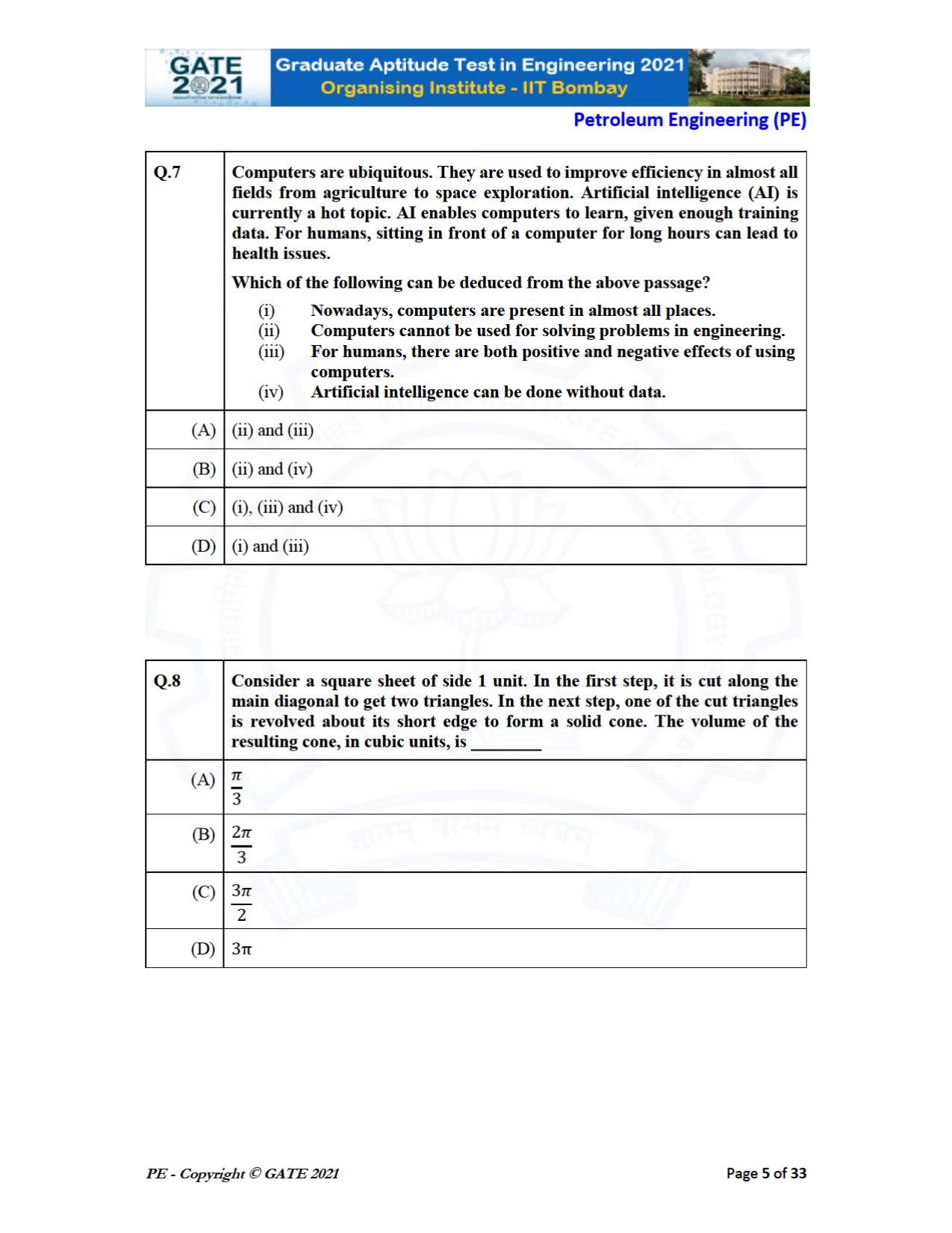 GATE 2021 Petroleum Engineering (PE) Question Paper - Page 5