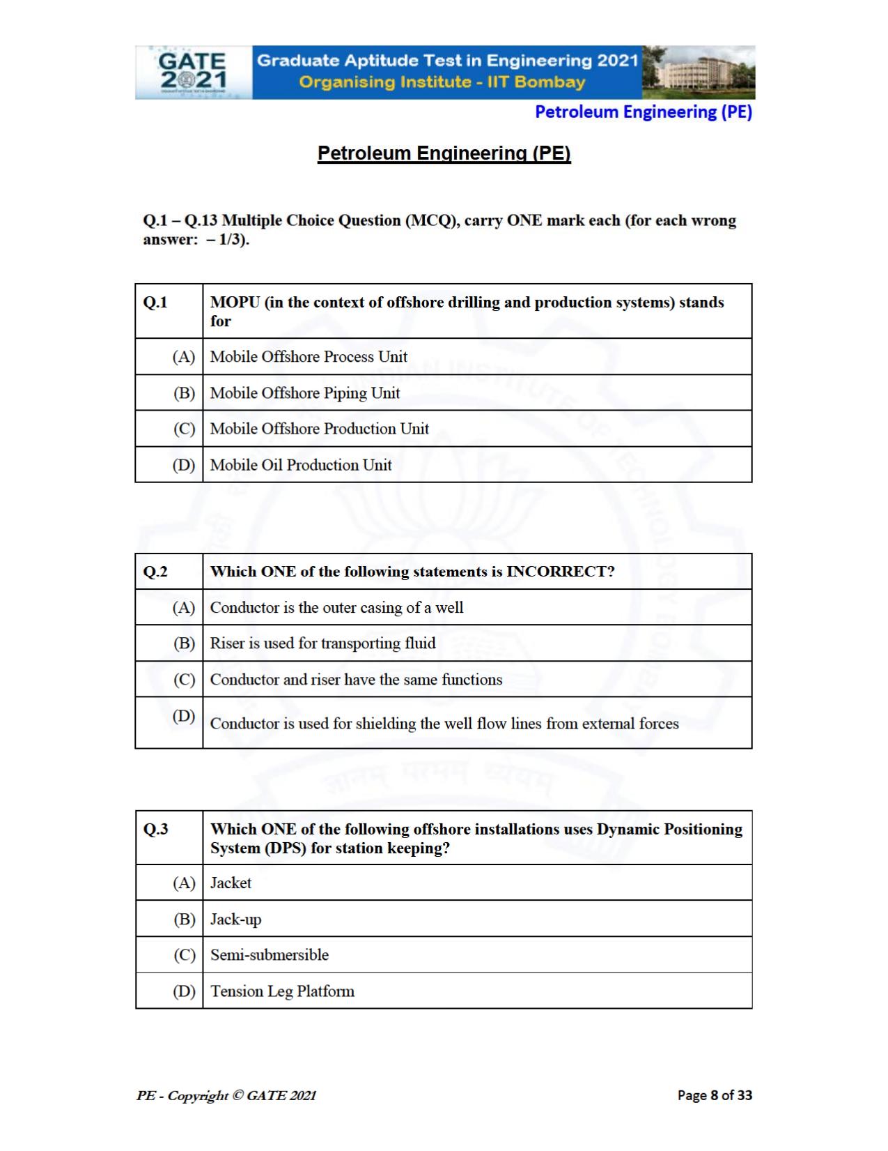 GATE 2021 Petroleum Engineering (PE) Question Paper - Page 8