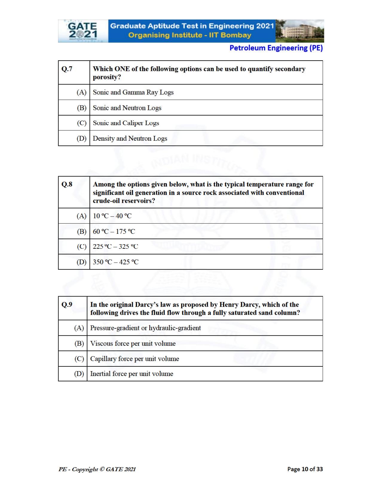 GATE 2021 Petroleum Engineering (PE) Question Paper - Page 10