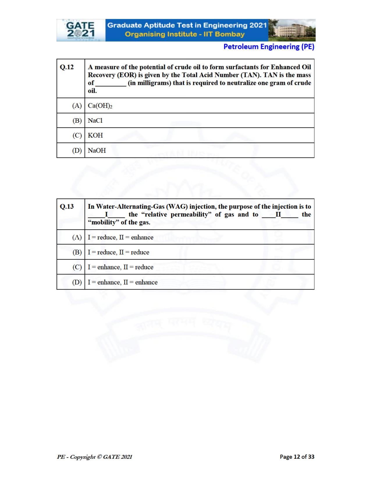 GATE 2021 Petroleum Engineering (PE) Question Paper - Page 12