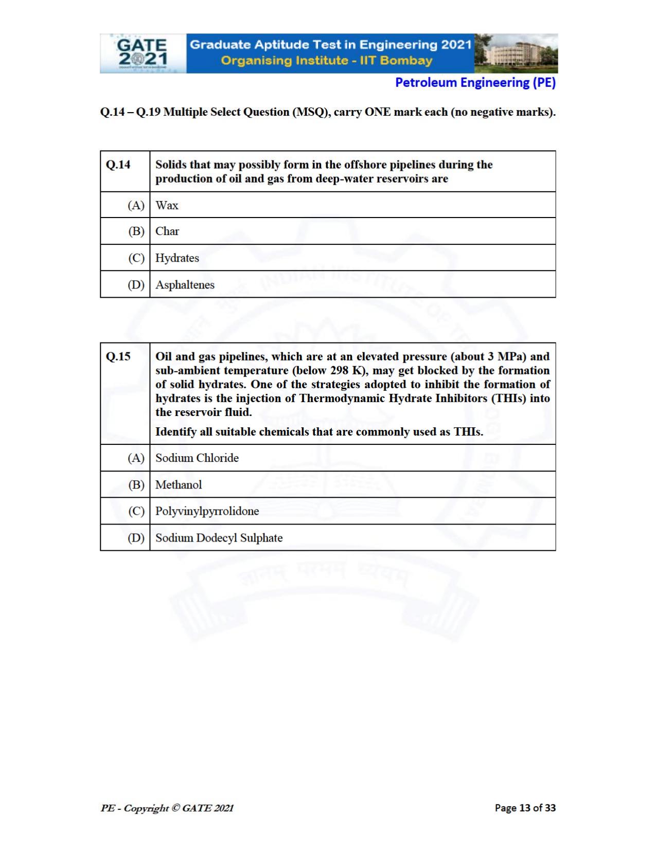 GATE 2021 Petroleum Engineering (PE) Question Paper - Page 13