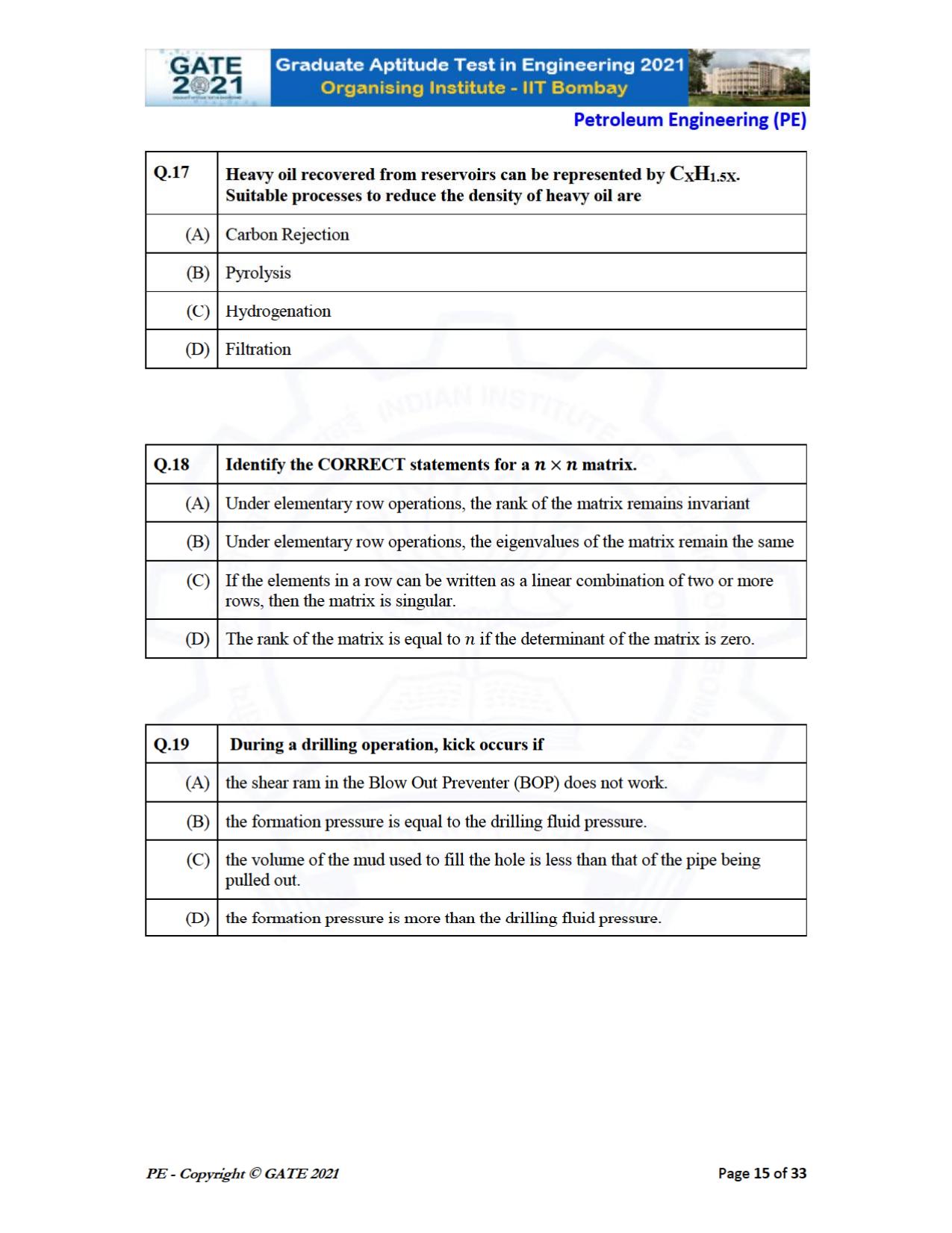 GATE 2021 Petroleum Engineering (PE) Question Paper - Page 15