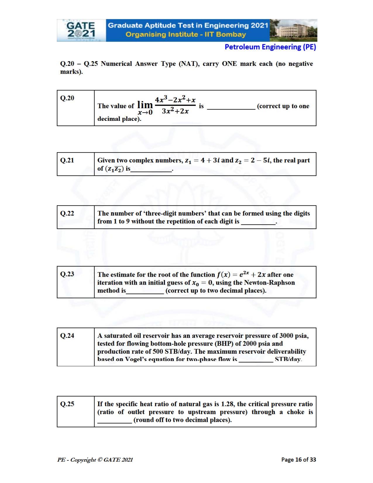 GATE 2021 Petroleum Engineering (PE) Question Paper - Page 16