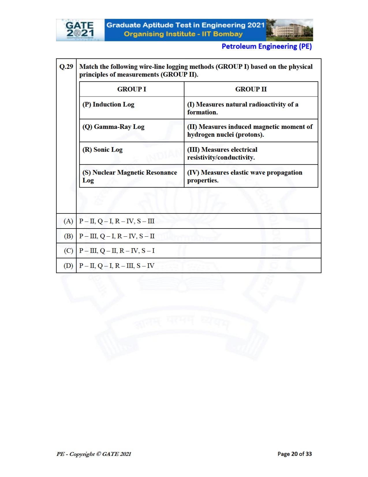 GATE 2021 Petroleum Engineering (PE) Question Paper - Page 20