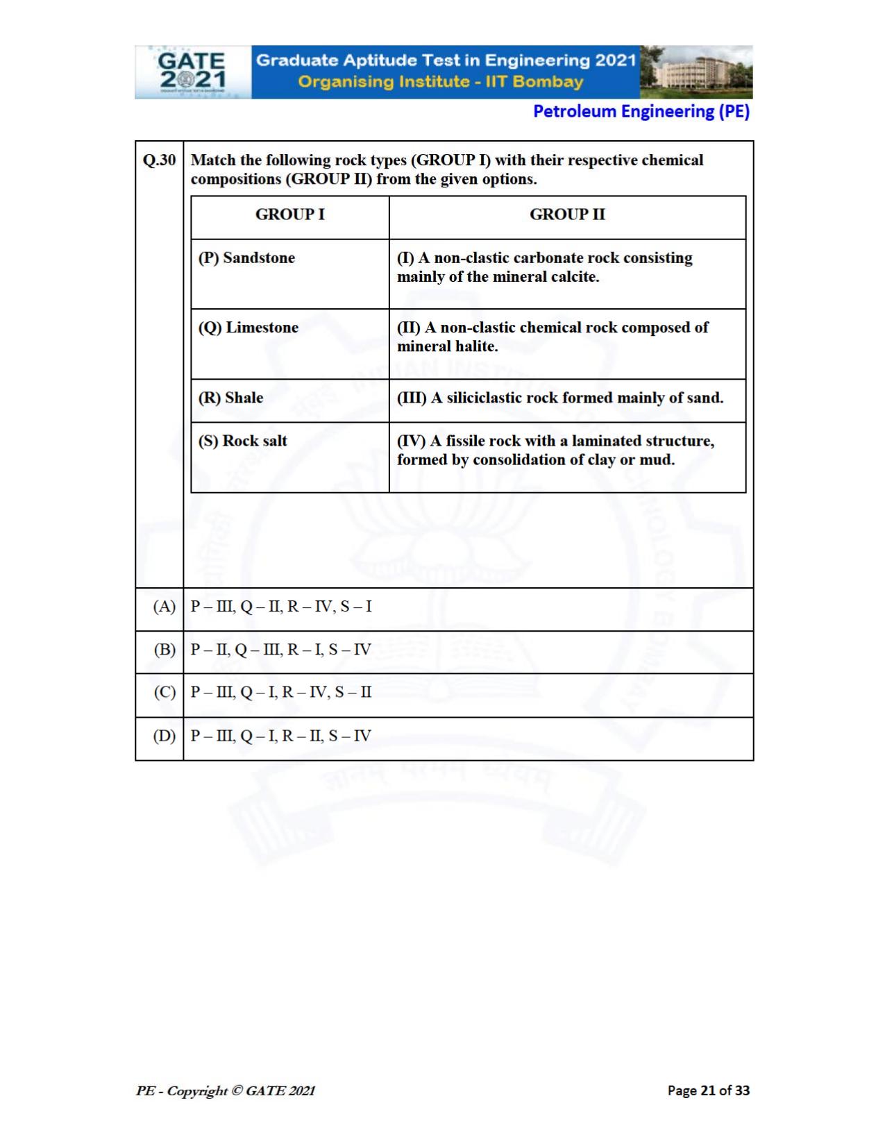 GATE 2021 Petroleum Engineering (PE) Question Paper - Page 21