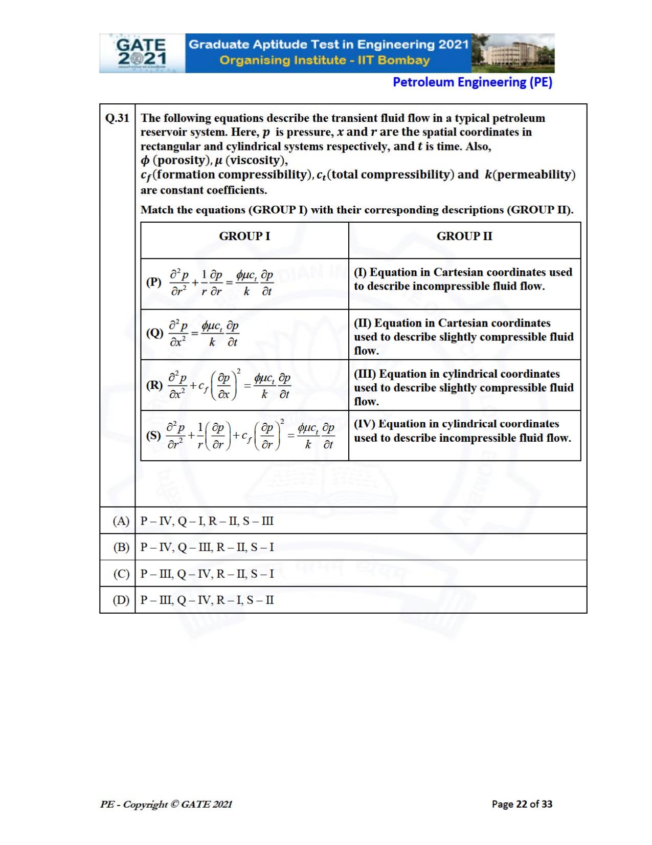 GATE 2021 Petroleum Engineering (PE) Question Paper - Page 22