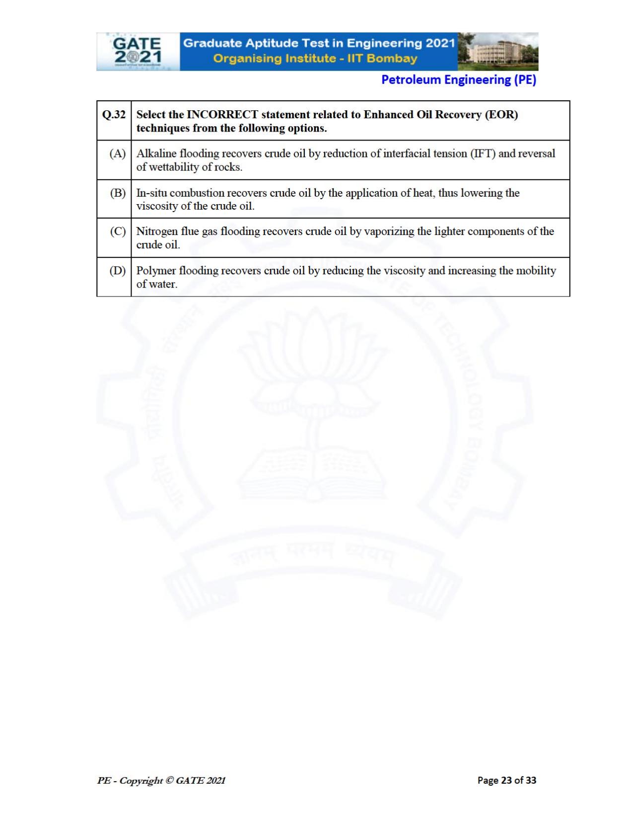 GATE 2021 Petroleum Engineering (PE) Question Paper - Page 23