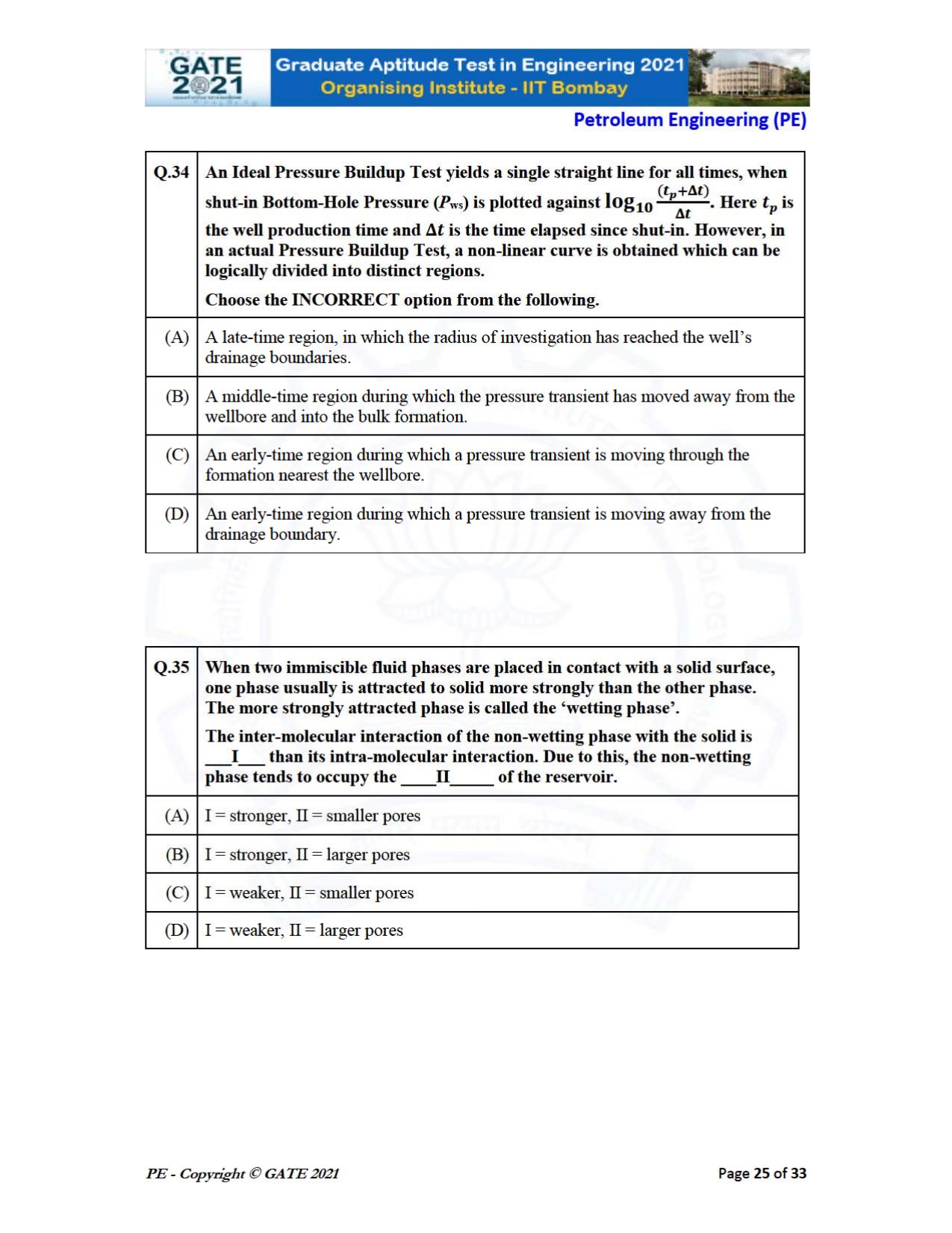 GATE 2021 Petroleum Engineering (PE) Question Paper - Page 25