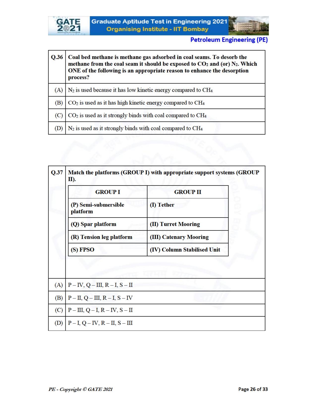 GATE 2021 Petroleum Engineering (PE) Question Paper - Page 26