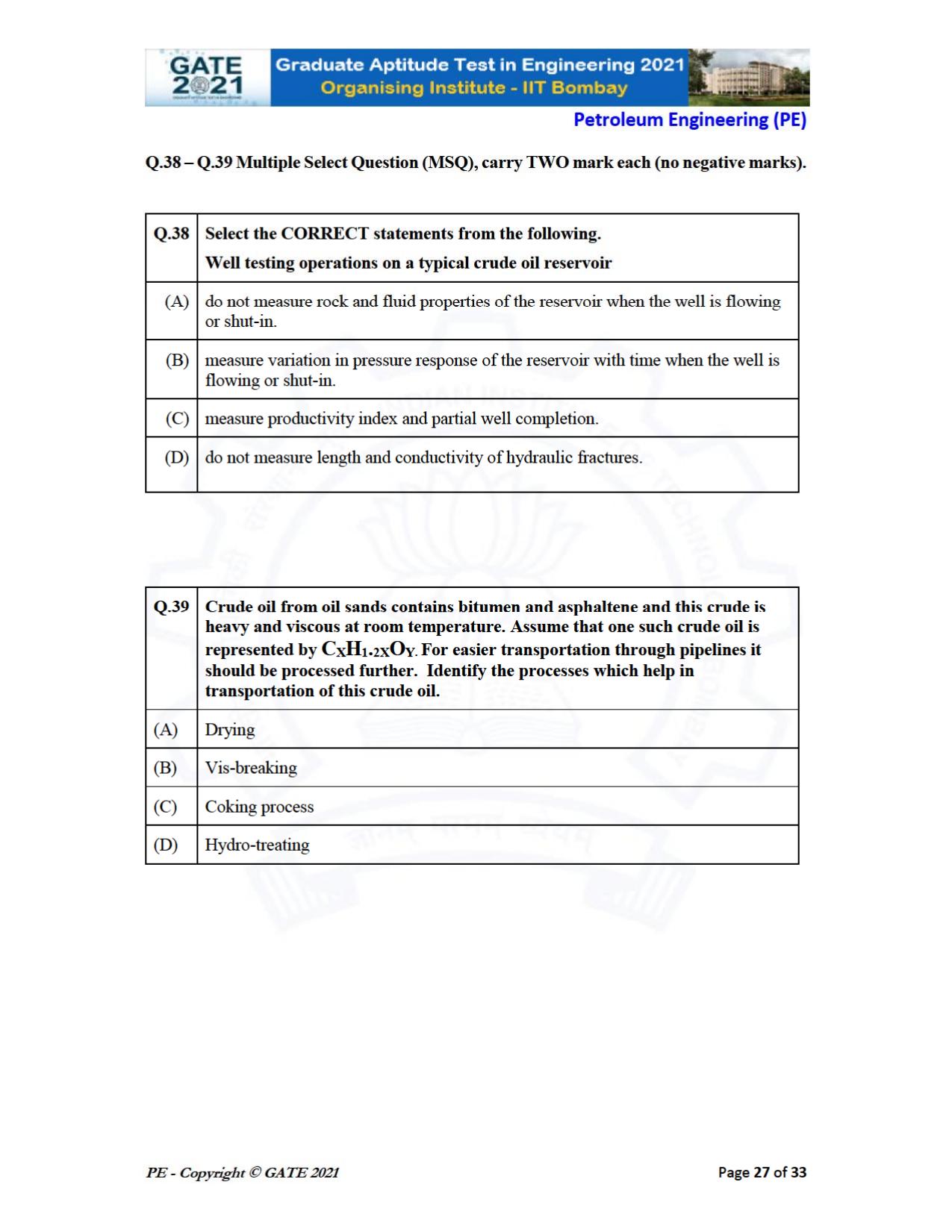 GATE 2021 Petroleum Engineering (PE) Question Paper - Page 27
