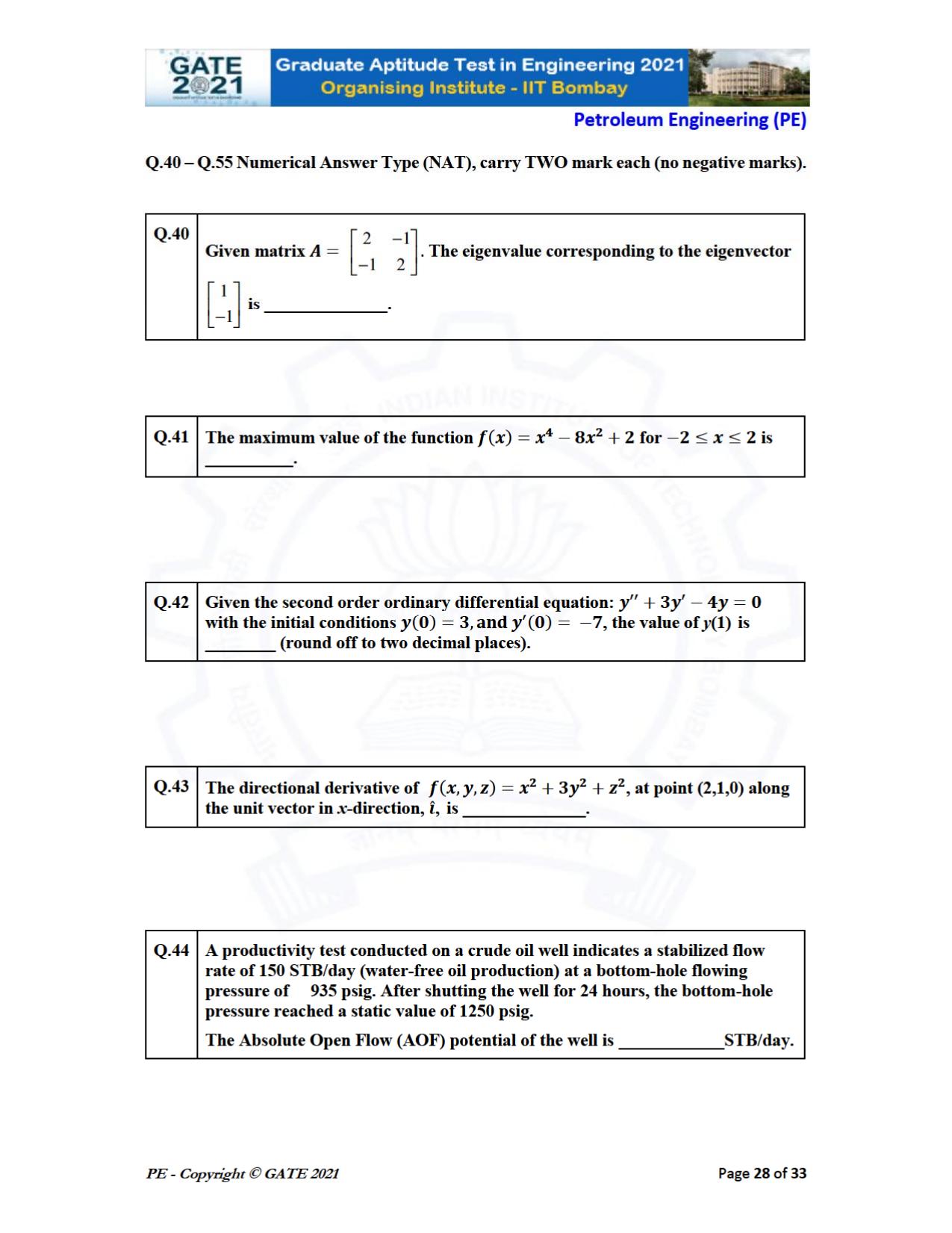 GATE 2021 Petroleum Engineering (PE) Question Paper - Page 28