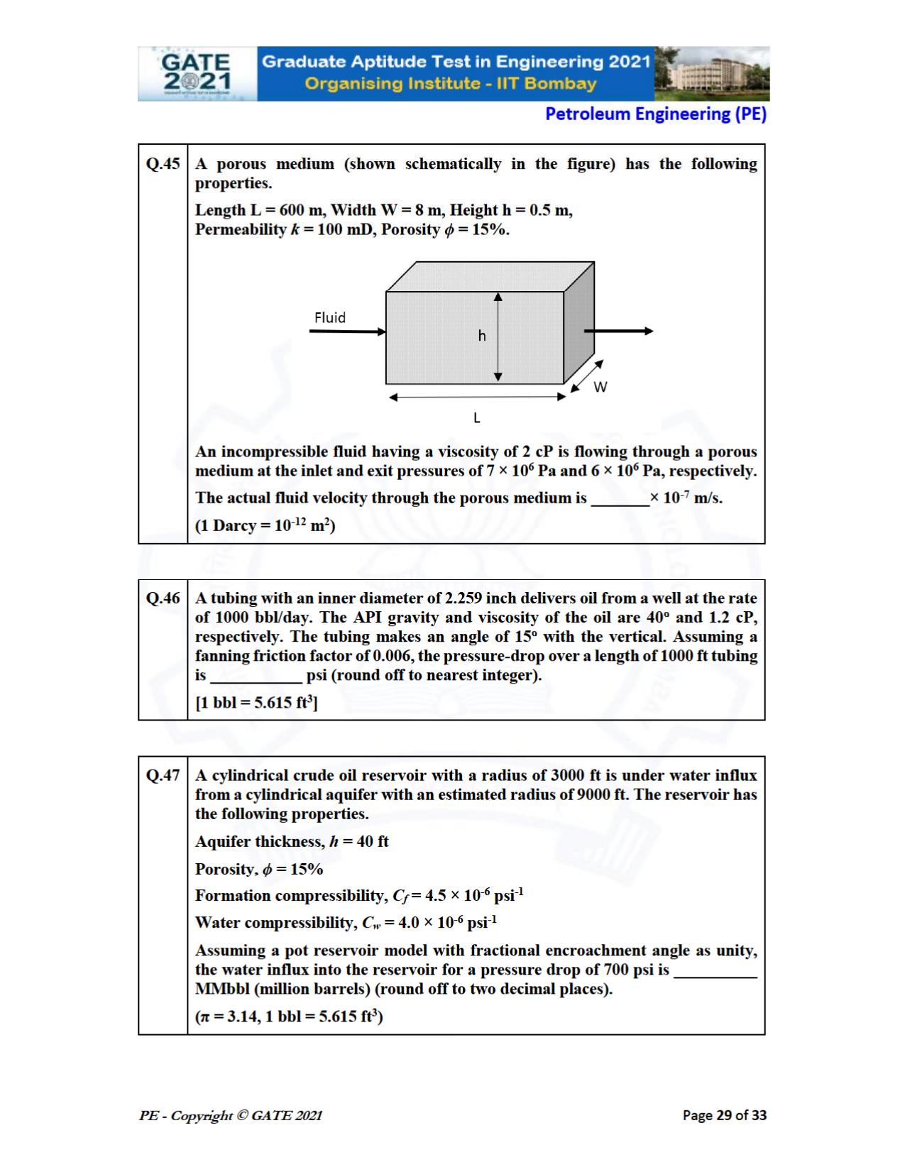 GATE 2021 Petroleum Engineering (PE) Question Paper - Page 29