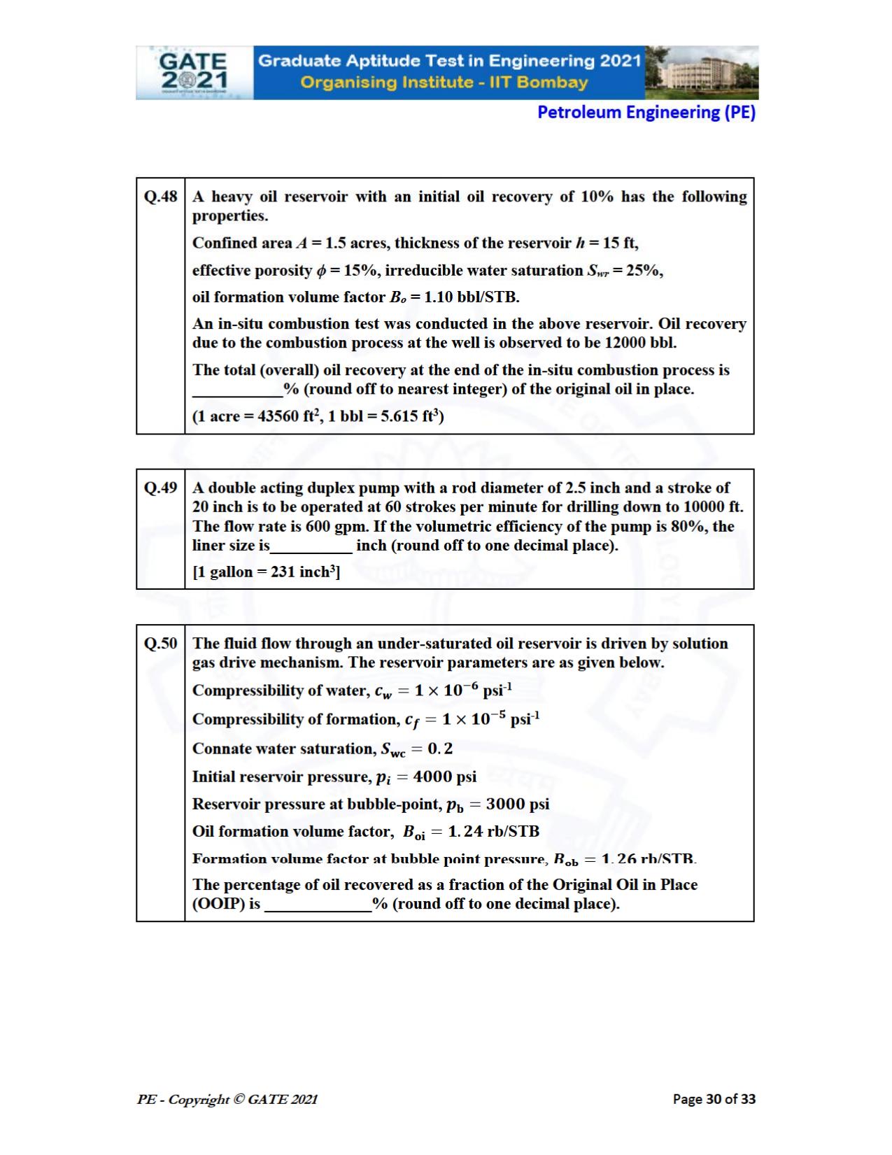 GATE 2021 Petroleum Engineering (PE) Question Paper - Page 30