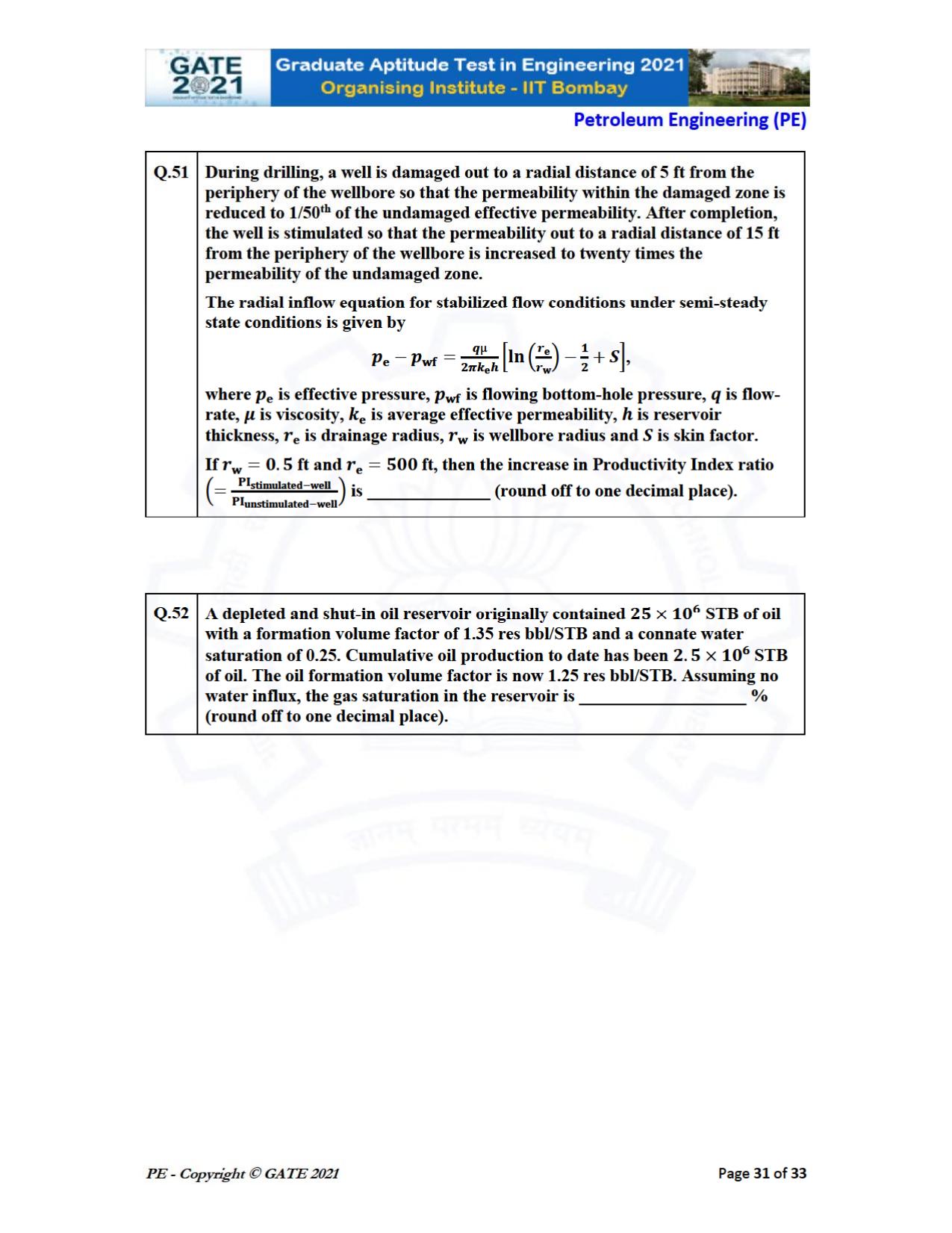 GATE 2021 Petroleum Engineering (PE) Question Paper - Page 31