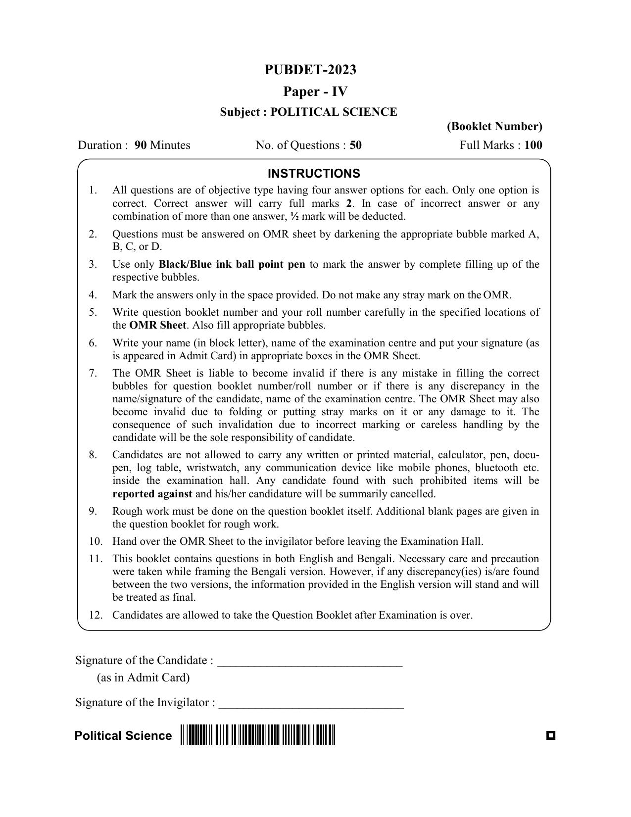 WB PUBDET 2023 Paper IV (Political Science) Question Paper - Page 1