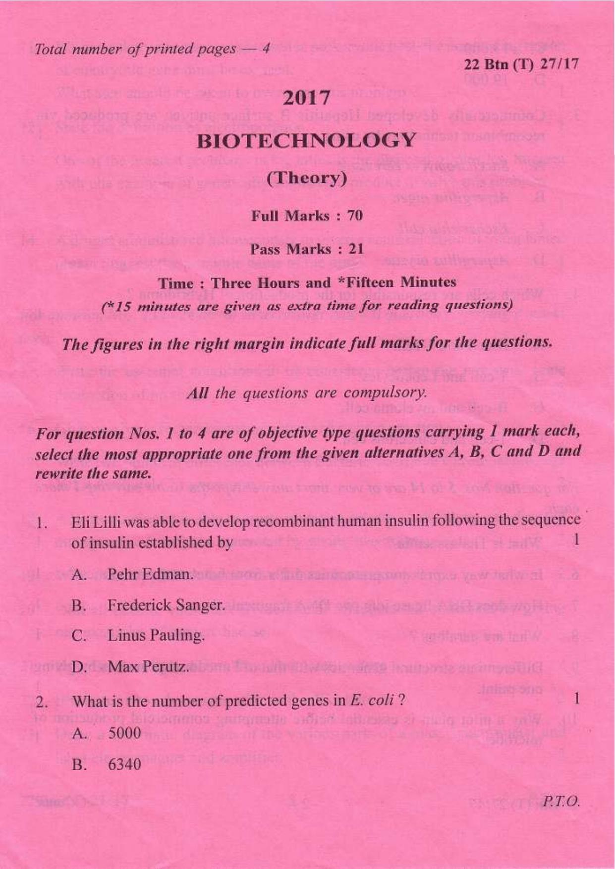 COHSEM Class 12 Biotechnology 2017 Question Papers - Page 1