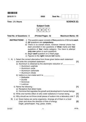 Goa Board Class 10 Science(E) 031 E (April 2018) Question Paper