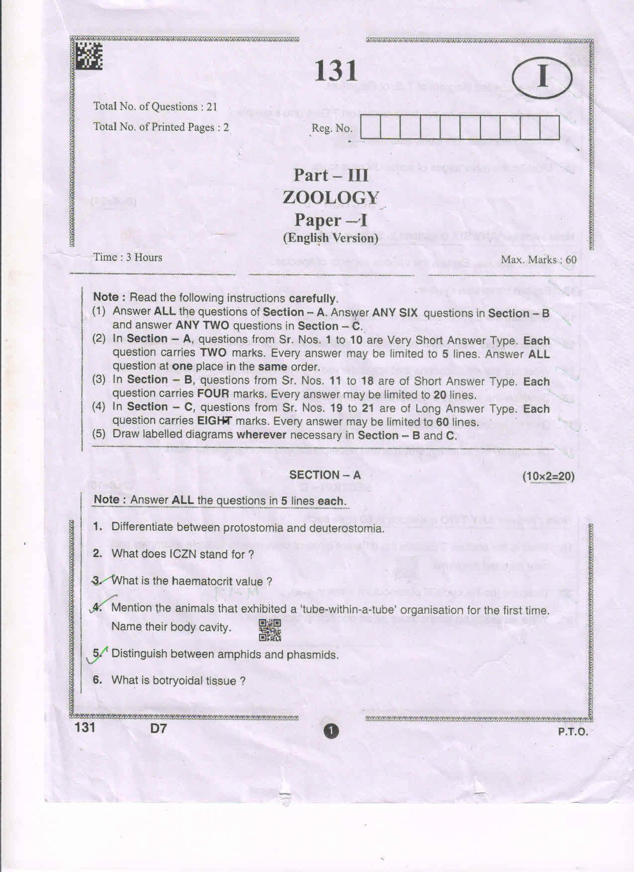 AP Inter 1st Year Zoology-I(EM) Question Paper September-2021 - Page 1