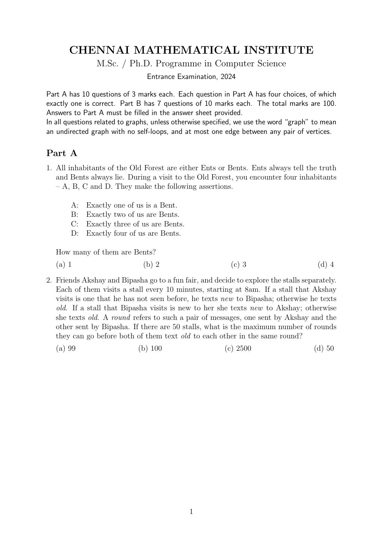 MSc/Ph.D. Computer Science 2024 Question Paper - Page 1
