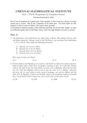 MSc/Ph.D. Computer Science 2024 Question Paper