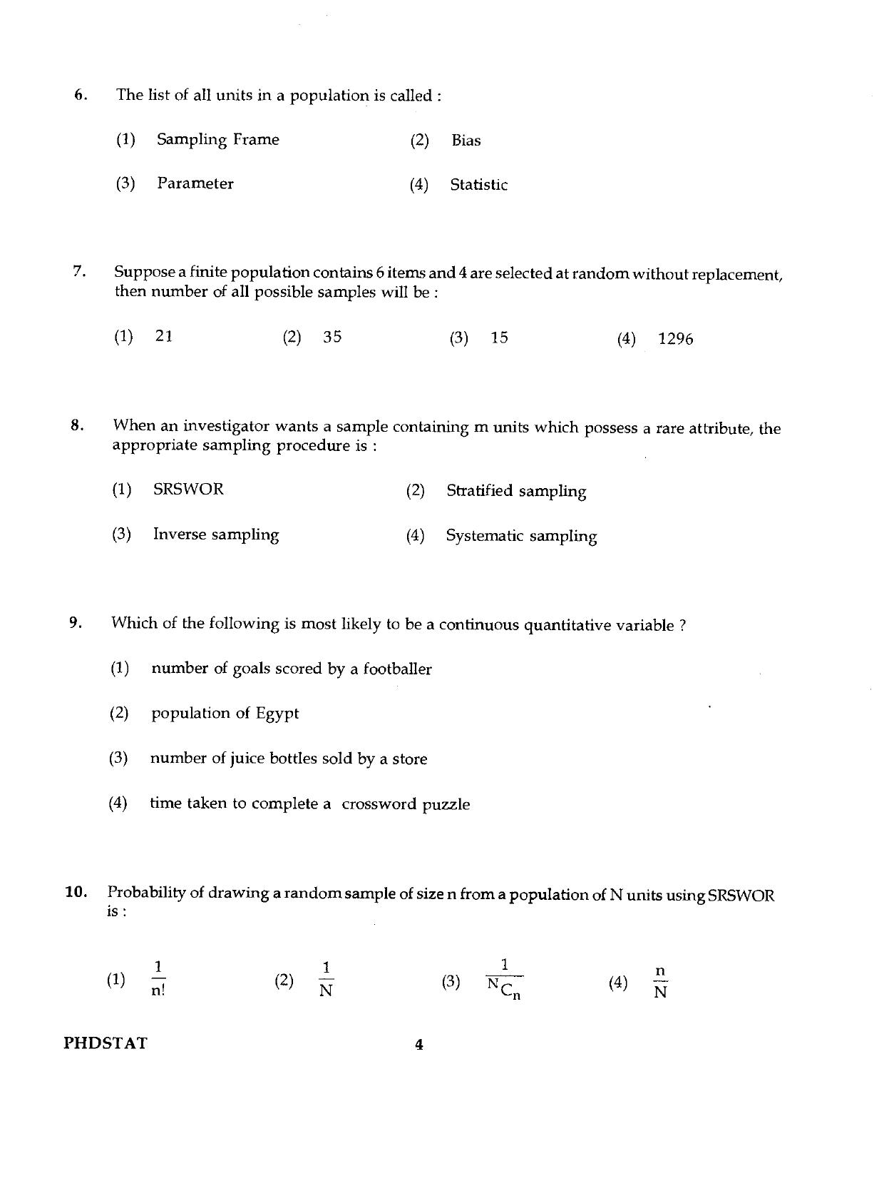 IGNOU PhD Entrance Test Ph.D./M.Phil (Statistics) 2019 Question Paper - Page 4