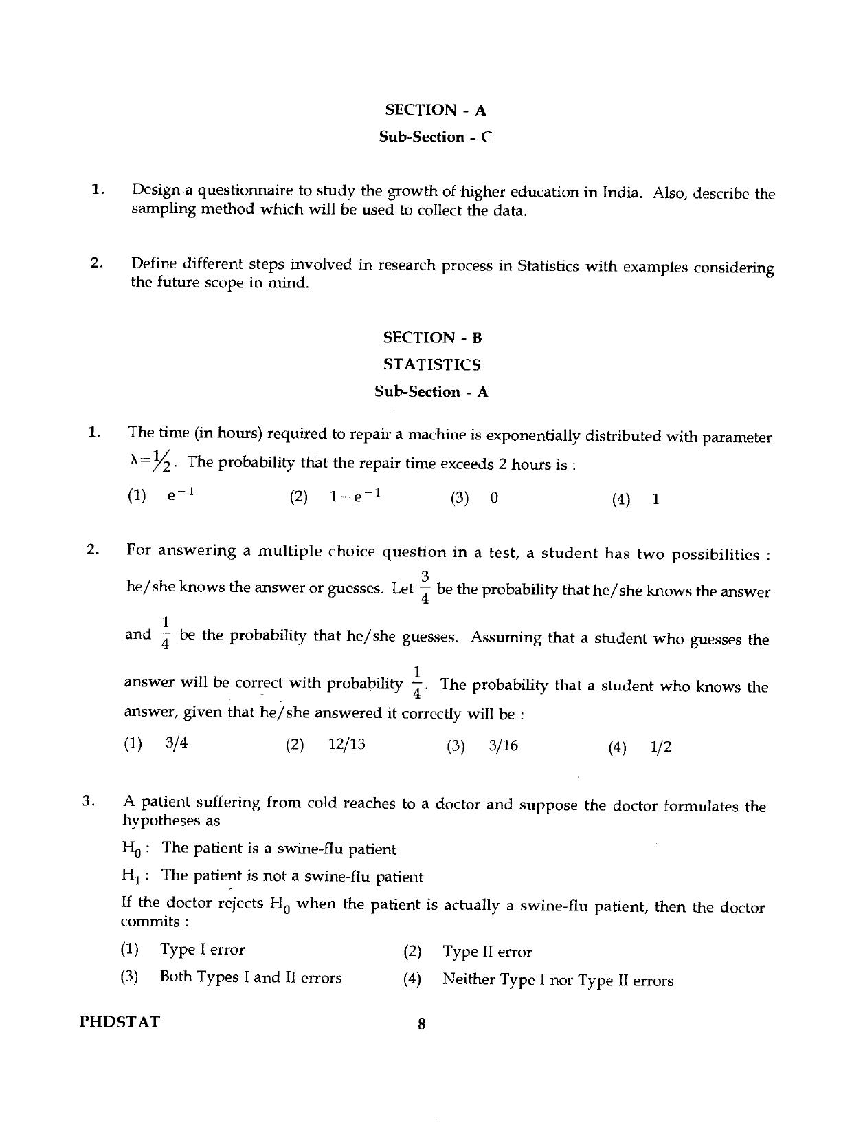 IGNOU PhD Entrance Test Ph.D./M.Phil (Statistics) 2019 Question Paper - Page 8