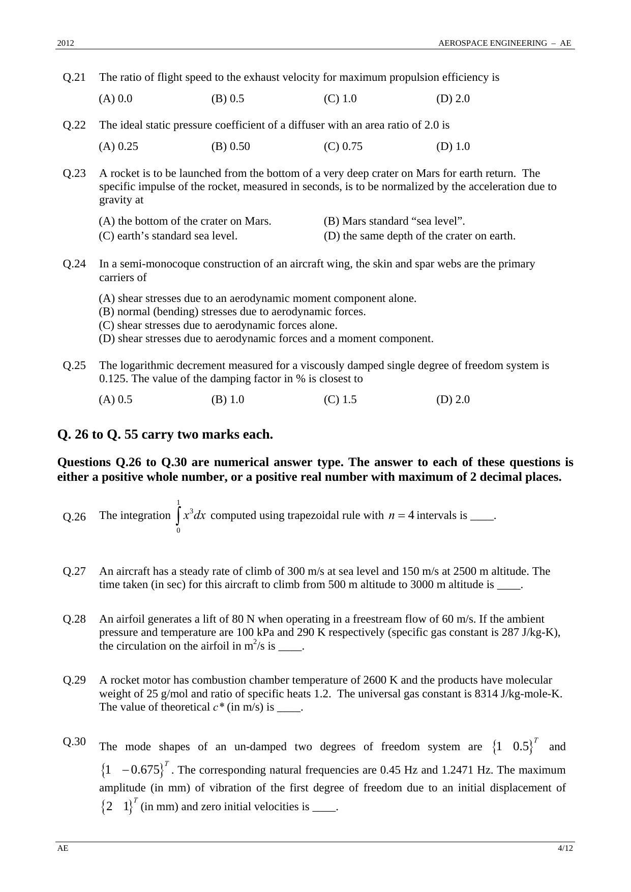 GATE 2012 Aerospace Engineering (AE) Question Paper with Answer Key - Page 4