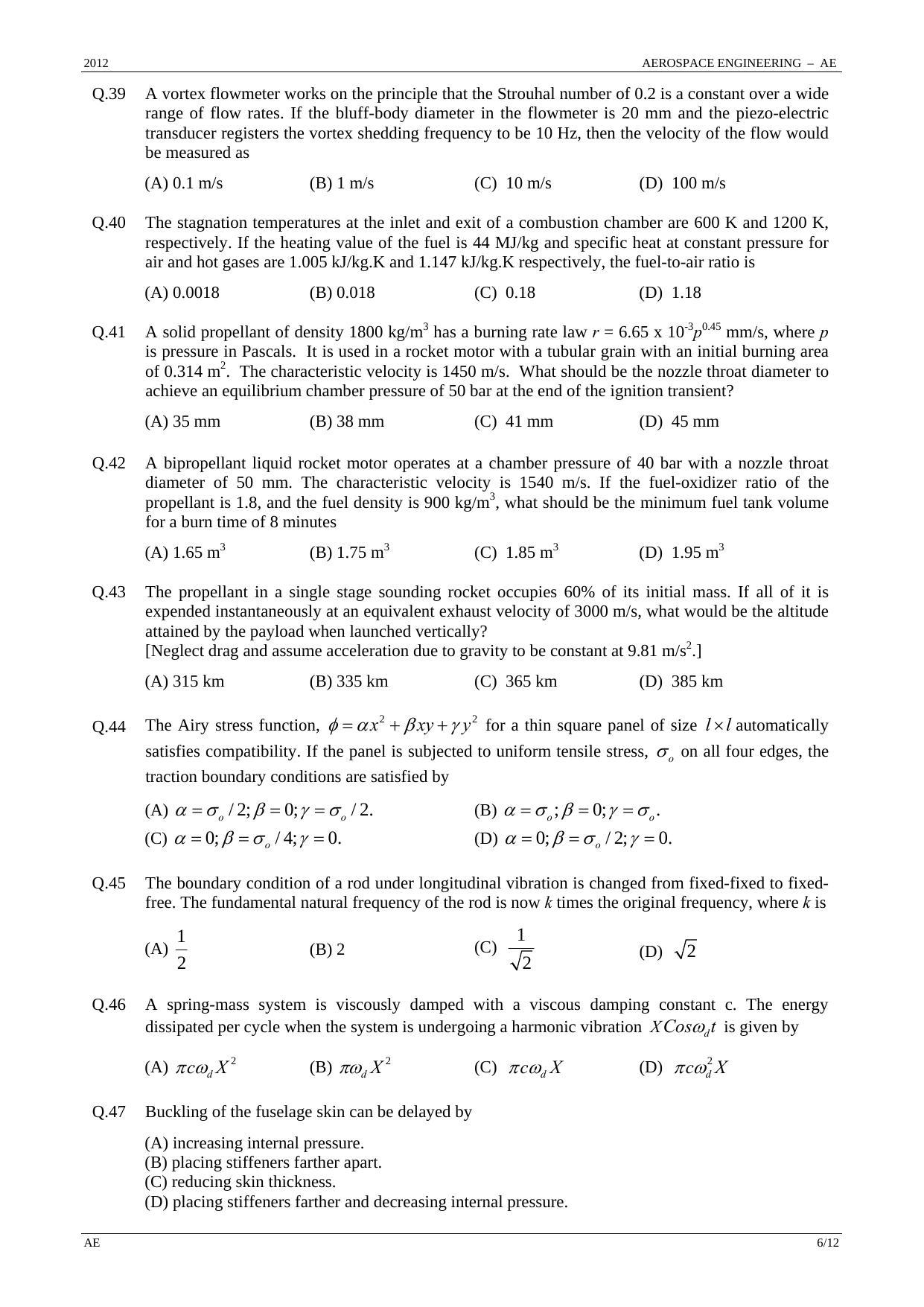 GATE 2012 Aerospace Engineering (AE) Question Paper with Answer Key - Page 6