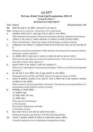 Bilaspur University Question Paper 2021-2022:M.COM (Final) Bussiness Environment Paper 1