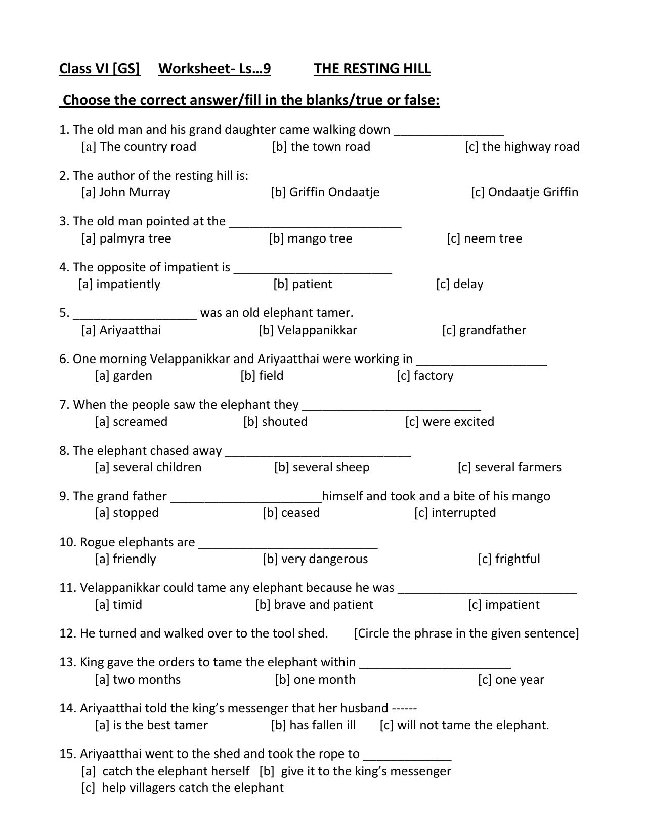 Worksheet for Class 4 English Assignment 56 The Resting Hill - Page 1