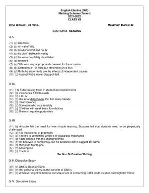 CBSE Class 12th English Elective Sample Question Paper Answer Key 2021-22