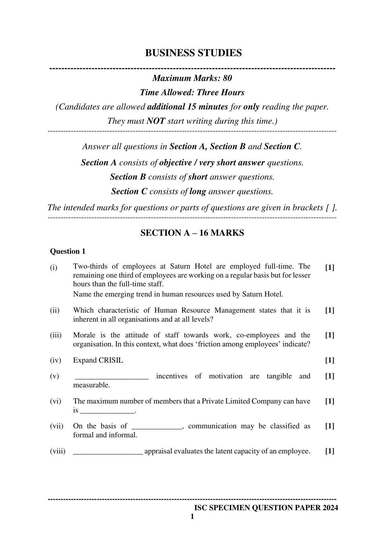 ISC Class 12 2024 Business Studies Sample Paper - Page 1