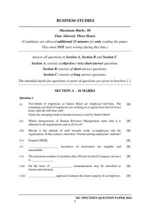 ISC Class 12 2024 Business Studies Sample Paper