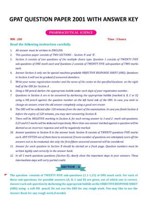 GPAT 2001 Question Paper with Answer Key