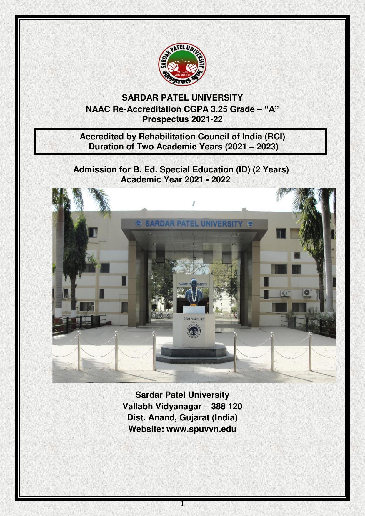Sardar Patel University, Vallabh Vidyanagar 2020-21 (Prospectus) - Page 1