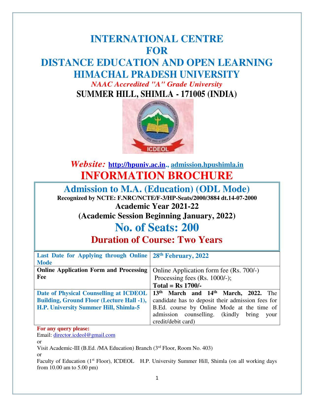 Himachal Pradesh University (HPU), Shimla M.A. Education 2021-22 (Prospectus) - Page 1