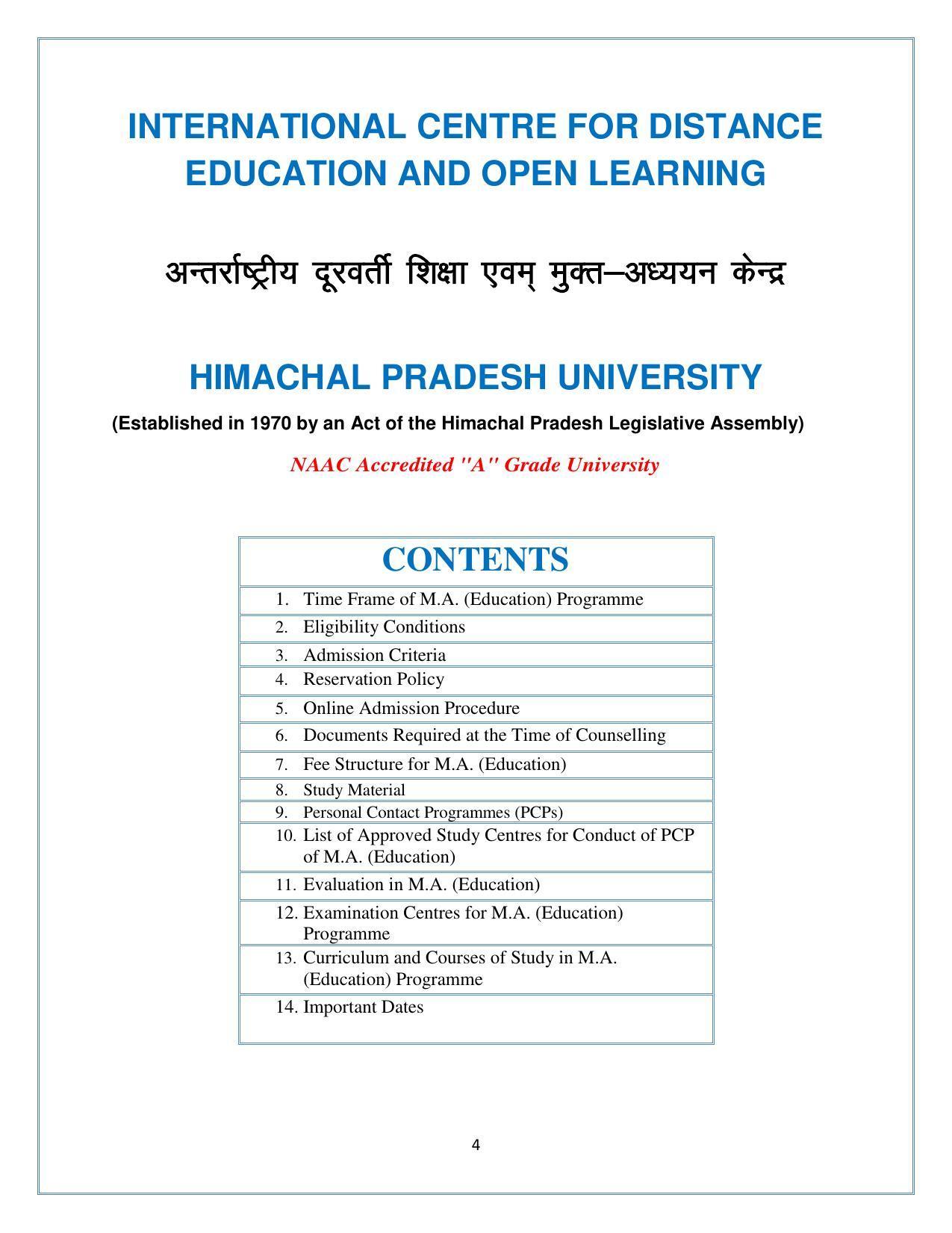 Himachal Pradesh University (HPU), Shimla M.A. Education 2021-22 (Prospectus) - Page 4