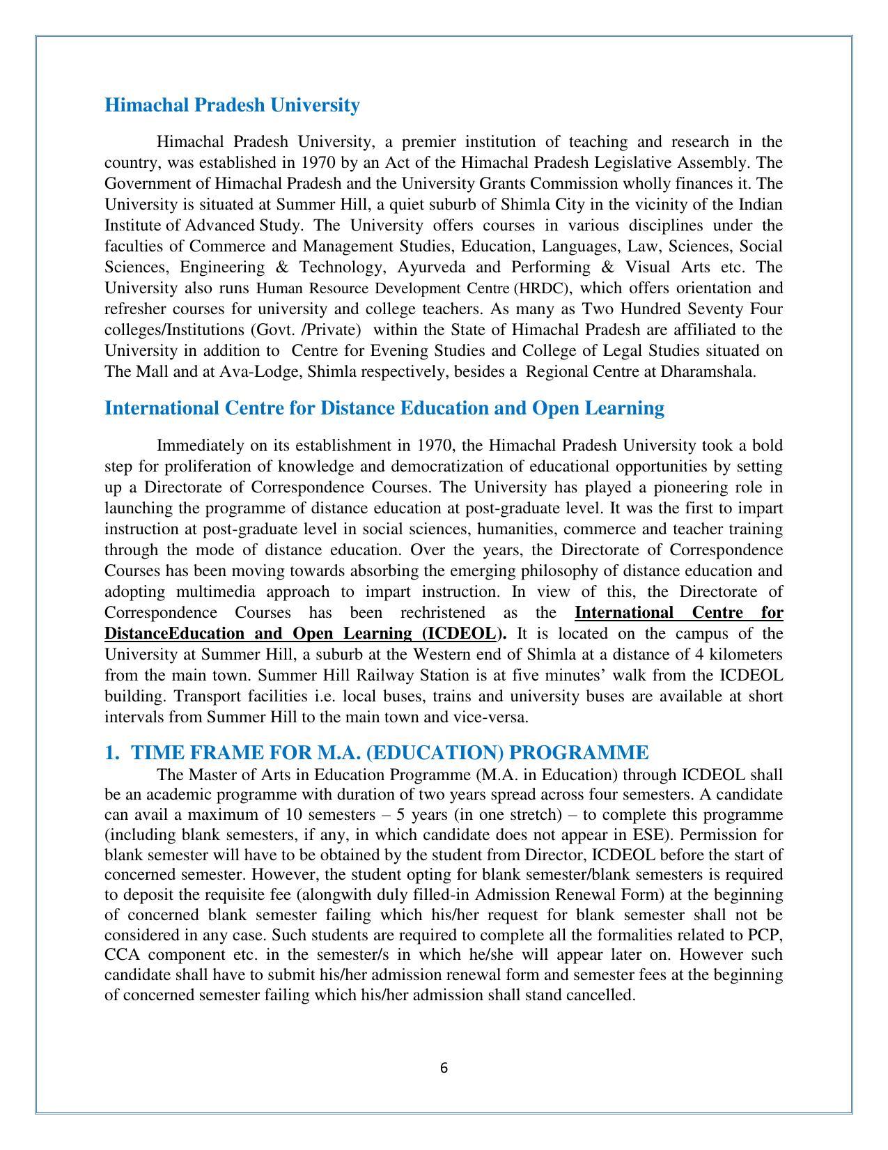 Himachal Pradesh University (HPU), Shimla M.A. Education 2021-22 (Prospectus) - Page 6