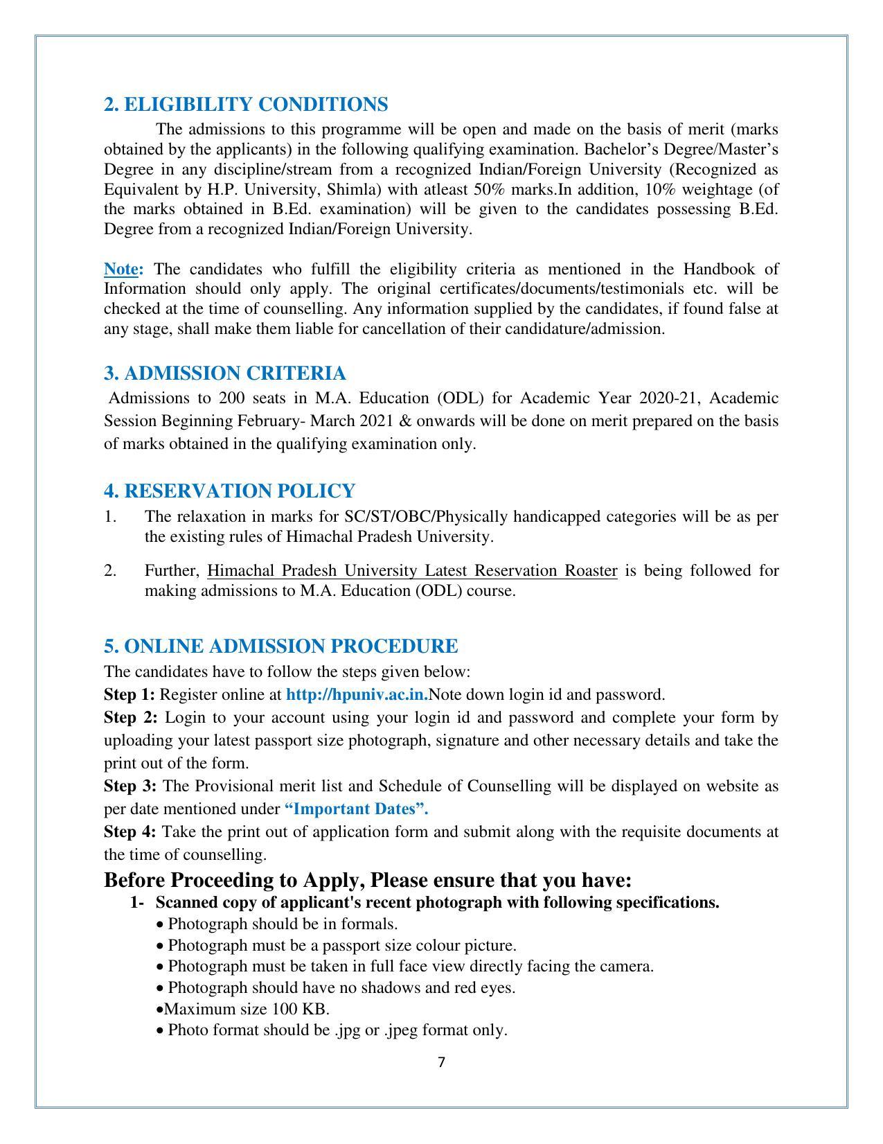 Himachal Pradesh University (HPU), Shimla M.A. Education 2021-22 (Prospectus) - Page 7