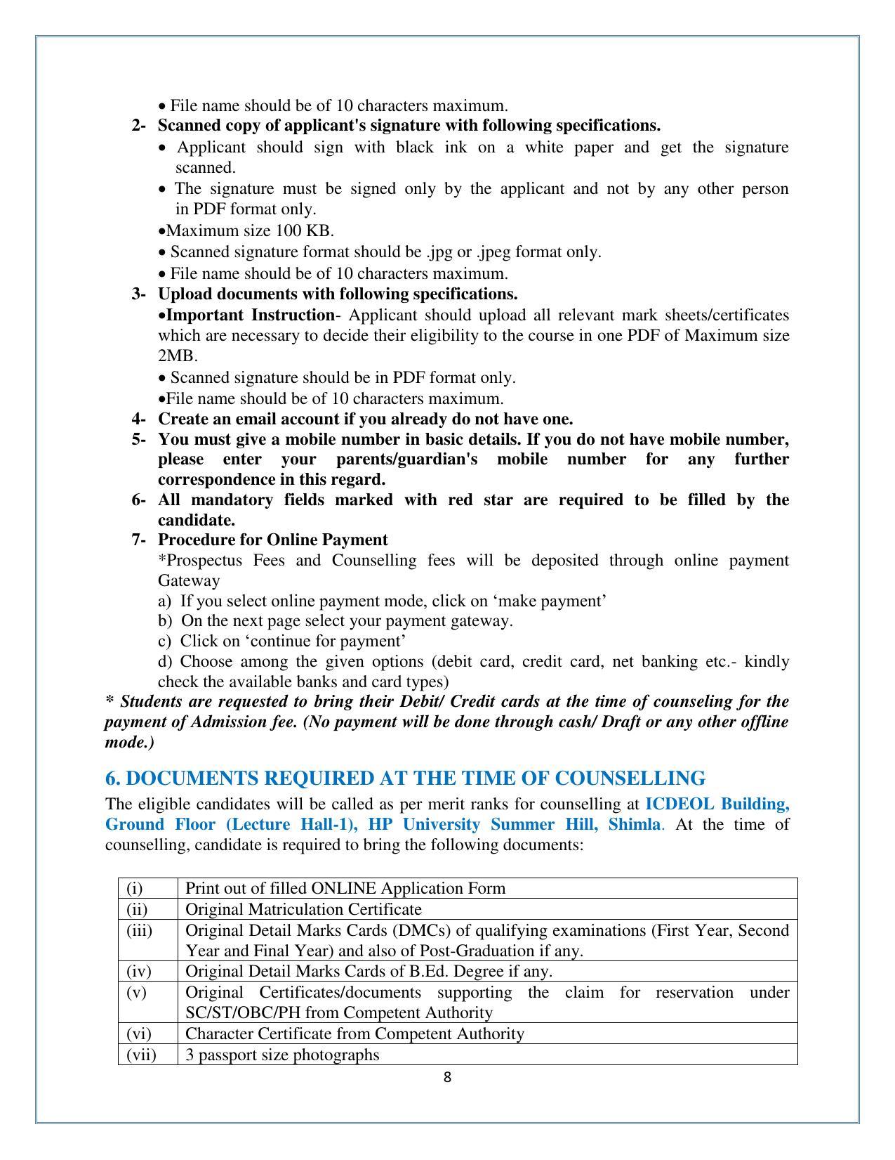 Himachal Pradesh University (HPU), Shimla M.A. Education 2021-22 (Prospectus) - Page 8